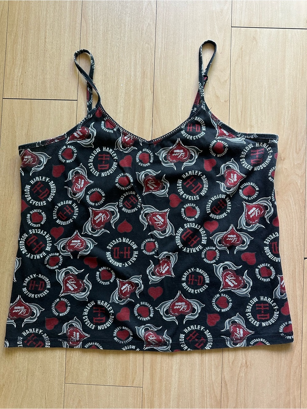 Harley Davidson Print Camisole Top XL Black Red Y2K Tattoo Hearts V-Neck Tank